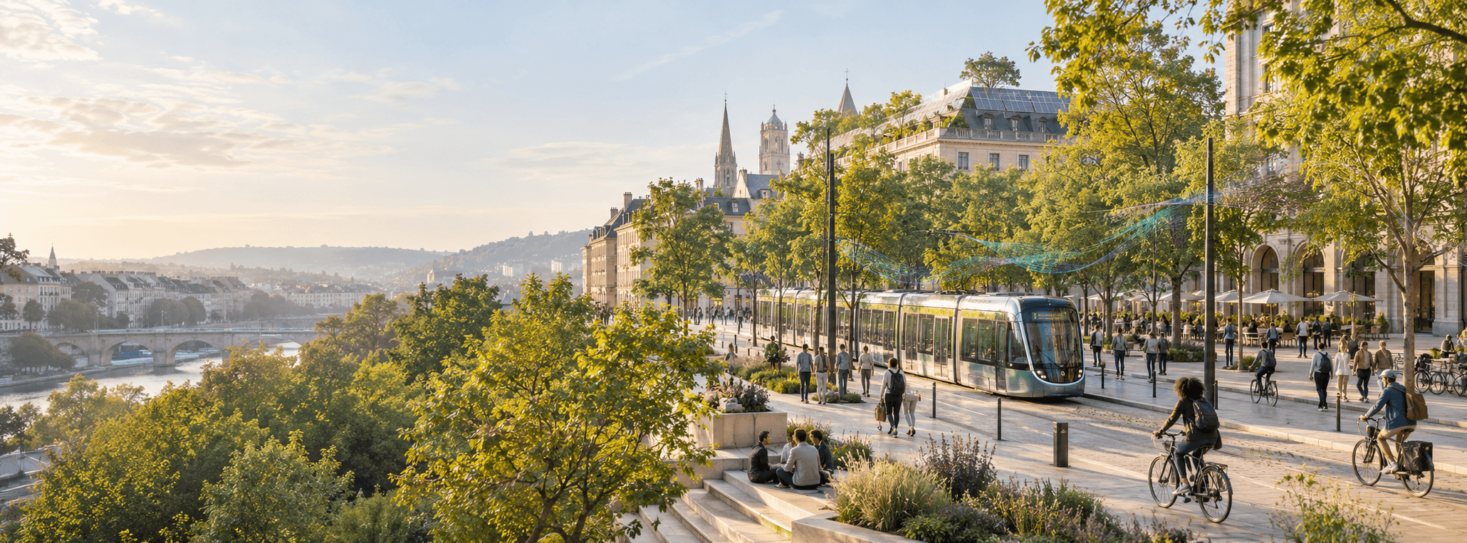 A tree-lined European city with a tram, cyclists, and people using shared public space